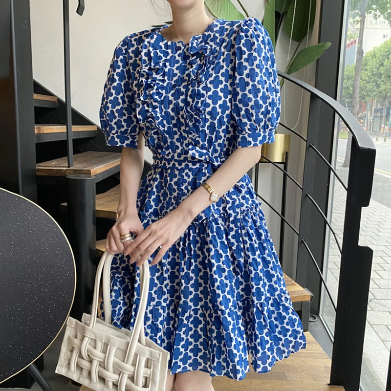 

Fall Women's new round neck fashionable knee-length ruffled cuffs fluffy a-line dress ladies gown