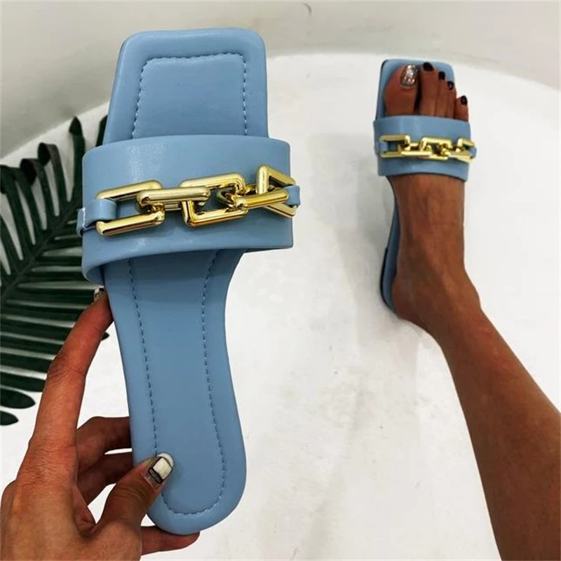

Summer Fashion Women's Slippers Outdoor Solid Color Chain Ladies Slides Flat Breathable Beach Shoes Female Plus Size Flip Flops