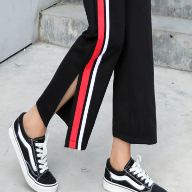 

Casual Pants Women Ankle-length Side Striped Side-slit Broad-legged-pants Womens Korean Style Teens Trendy Loose Slim All-match