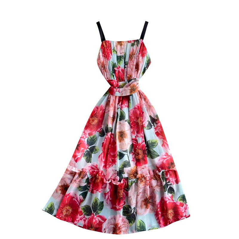 

Женское винтажное шифоновое платье на бретельках, облегающее пляжное платье-трапеция с принтом, лето 2021