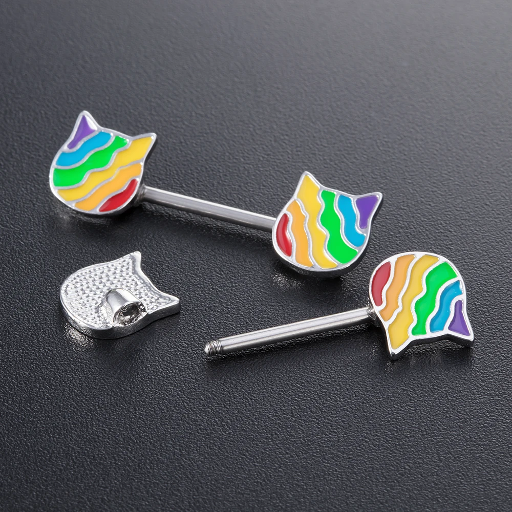 Кольцо для пирсинга сосков женское Радужное в форме сердца кота | Украшения и