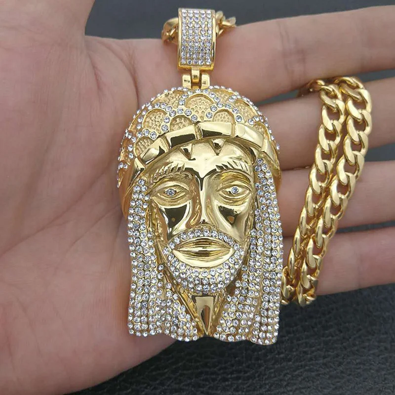 

Hip Hop Rhinestones Paved Bling Iced Out Stainless Steel Jesus Piece Pendants Necklace for Men Rapper Jewelry with Cuban Chain