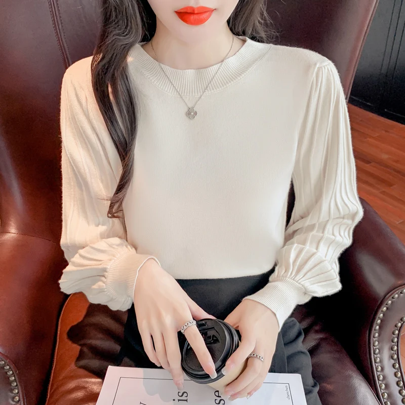 

Блузка женская зимняя в Корейском стиле, однотонная прямая офисная рубашка с длинным рукавом и круглым вырезом, Розовый Черный Топ, 2021