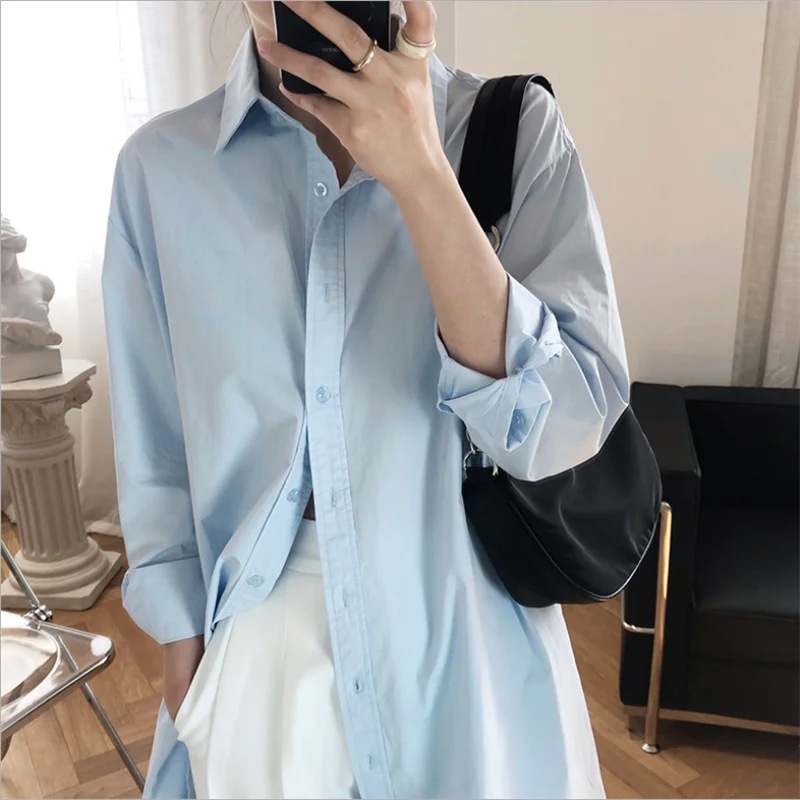 

Woman Long Shirt Dress Cotton Casual Korean Style Turn-Down Collar Solid Female Shirts Tops White Blue 2021 Autumn Blouses