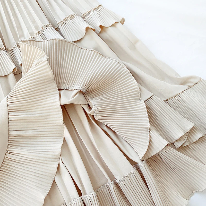 

PEONFLY Fashion 2019 Fall Winter Irregular Ruffles Pleated Skirts Women Korean Casual A Line High Waist Long Skirts Female