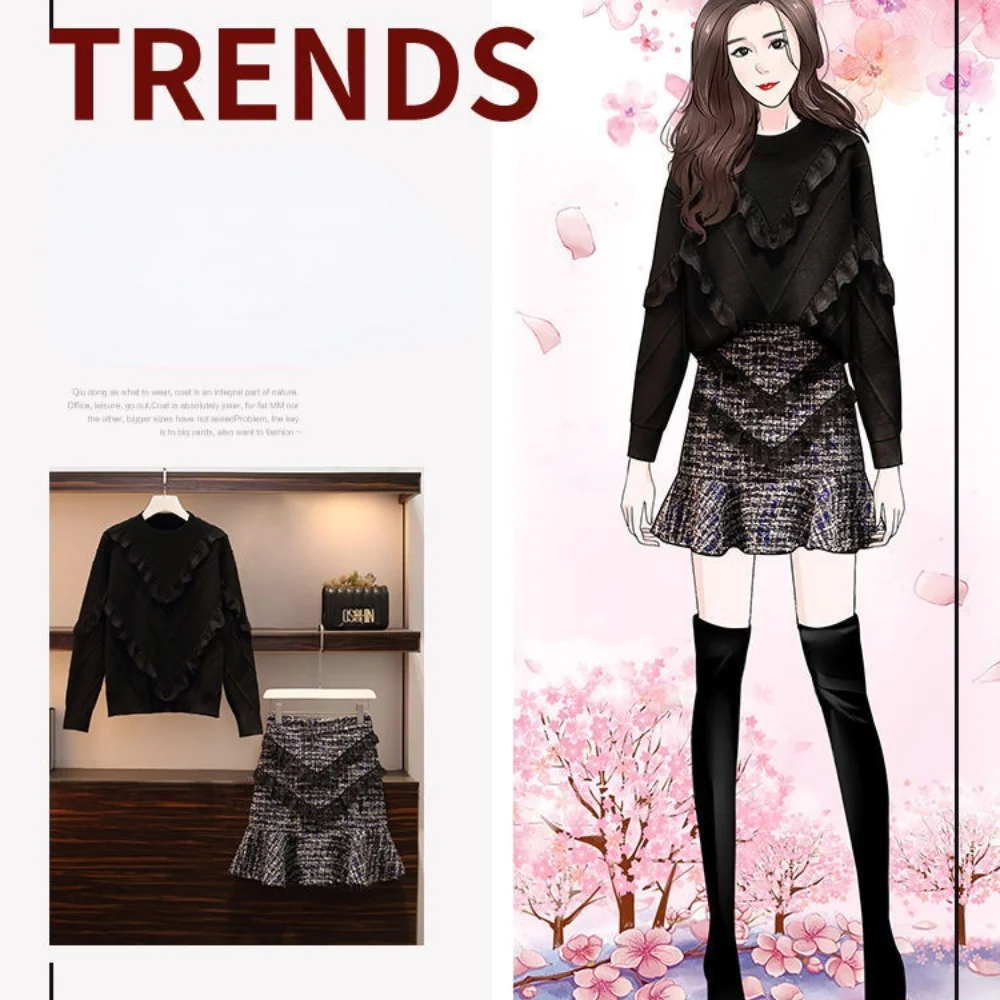 

Sweater Set Women's Lace Pullover Jumpers Sweater Tops +sweet Lace Mini A Line Skirt Female 2021 Autumn Winter New Fashion