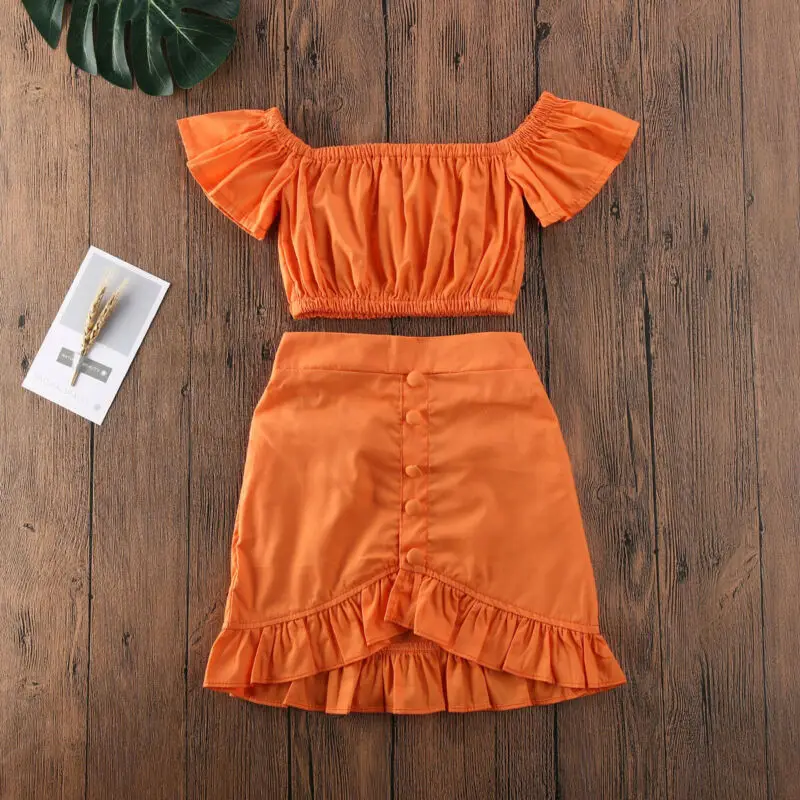 Summer Kids Baby Girls Off Shoulder Crop T-shirt Tops Dress Skirt Outfit Clothes