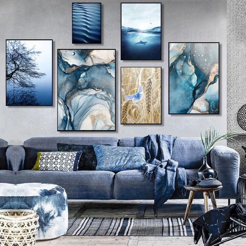 

Blue Ocean Whale Seascape Poster Picture Nordic Natural Scenery Modern Scandinavian Art Wall Canvas Painting Living Room Decor