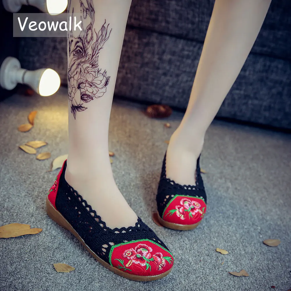 

Veowalk Breathable Lace Floral Embroidered Women Summer Ballets Flats Fashion Slip on Ladies Casual Comfort Cute Cotton Shoes