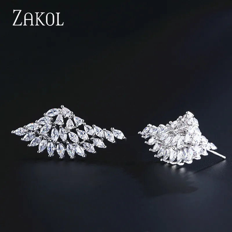 ZAKOL женские серьги-гвоздики с большими крыльями и блестящим цирконием в