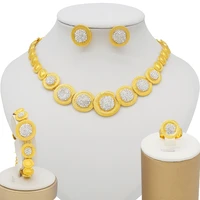 dubai gold 24k round inlaid crystal jewelry sets for women african bridal wedding necklace earrings ring bracelet jewellery set