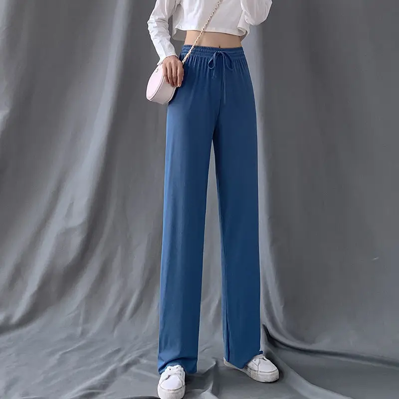

Wide leg pants women's high waist, black, thin and loose, summer thin ice silk floor dragging casual straight pants