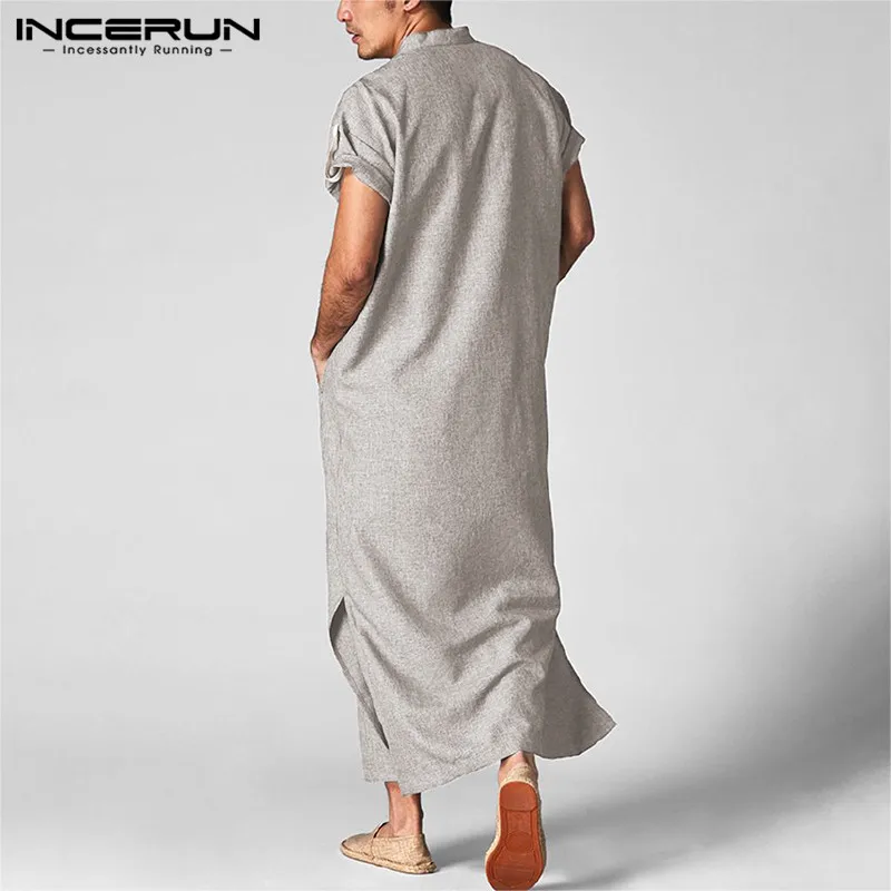 INCERUN Men Islamic Arab Muslim Kaftan Stand Collar Short SLeeve Pockets Vintage Robes Middle East Solid Men Jubba Thobe S-5XL
