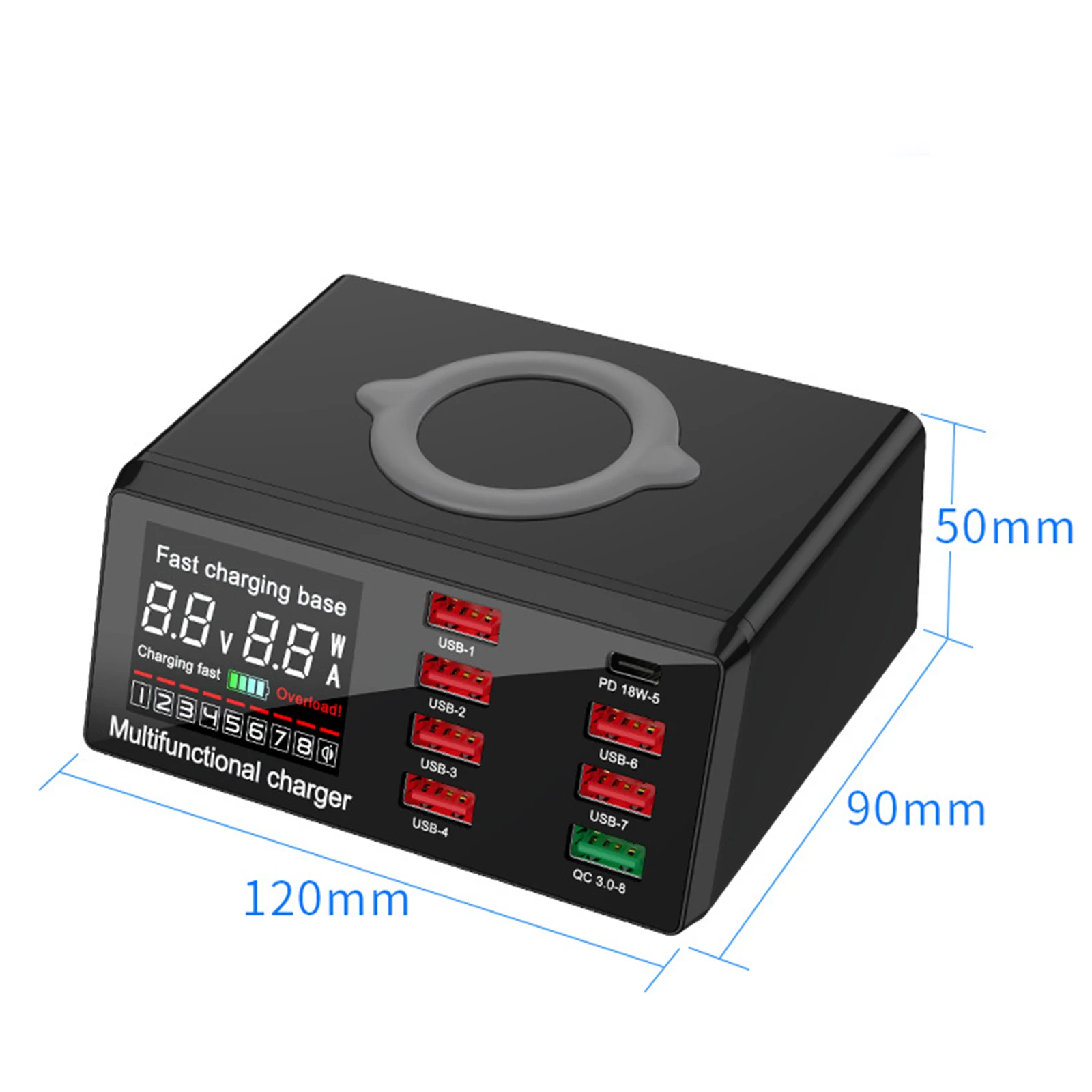 

00W Wireless USB Charger Dock 18W PD QC3.0 Fast Charger Station Smart LED Display 8 Ports USB for Samsung Huawei iPhone