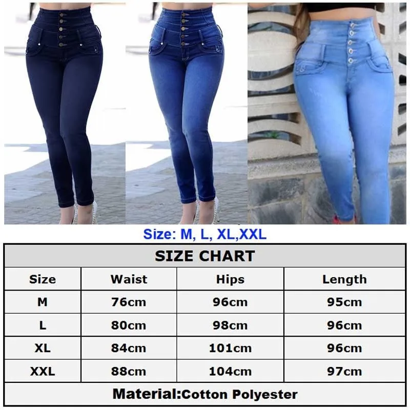 

NEW Women Stretchy Denim Trousers Slim Fitted Casual Black Blue Skinny High Waist Buttons High Street Jeans Streetwear Pants