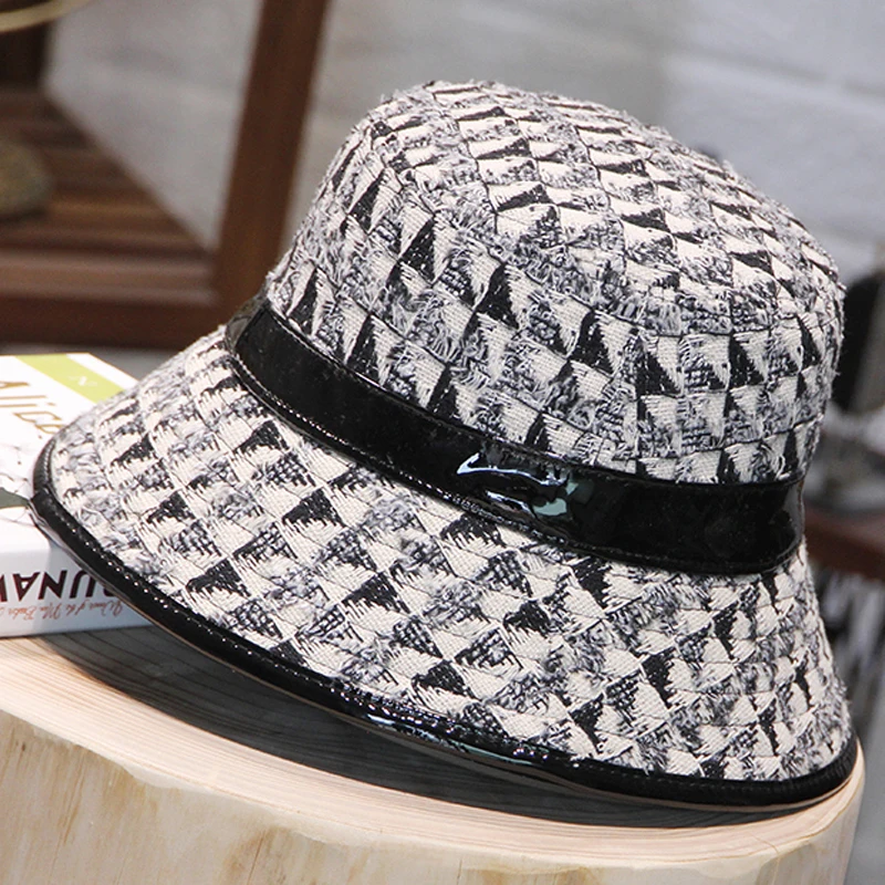 Designer Brand Women Tweed Fisherman Hat Autumn Plaid PU Leather Edging Bucket Hat Black Winter Houndstooth Ladies Basin Cap