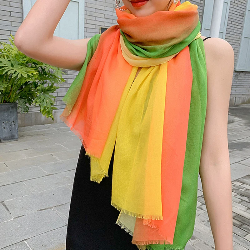 

Spring Cotton Linen Wild Rainbow Gradient Color Korean Scarf Literary Polyester Travel Sunscreen Soft Thin Shawl Women E64