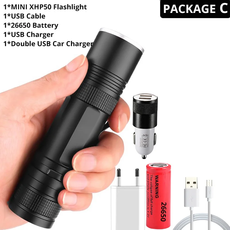 Package C-26650 Мощный светодиодный фонарик 3* XHP50 Водонепроницаемый зум Linterna светодиодный тактический фонарь питание от 18650 или 26650 батареи для наружного, кемпинга - Испускаемый цвет: Package C-26650