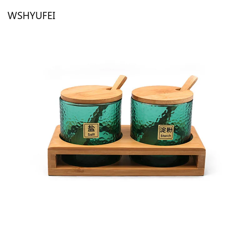

Household kitchen glass seasoning box bamboo lid seasoning bottle seasoning salt sugar bowl moisture-proof seasoning pot set