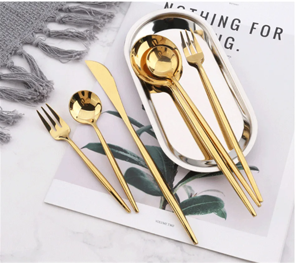 High Quality Gold Cutlery Set Stainless Steel Portable Dinnerware Set Mirror Polishing Food Steak Fork Spoon Knife Chopstick 1pc