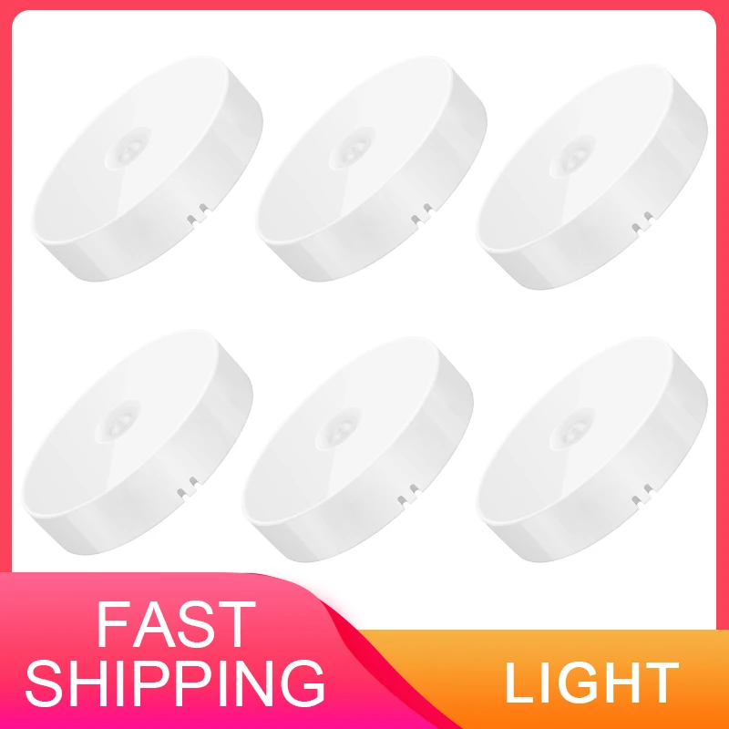 6 Pcs Motion Sensor LED Night Light USB Rechargeable Energy-saving Intelligent Body Induction Lamp For Bedroom Washroom Stairs | Лампы и