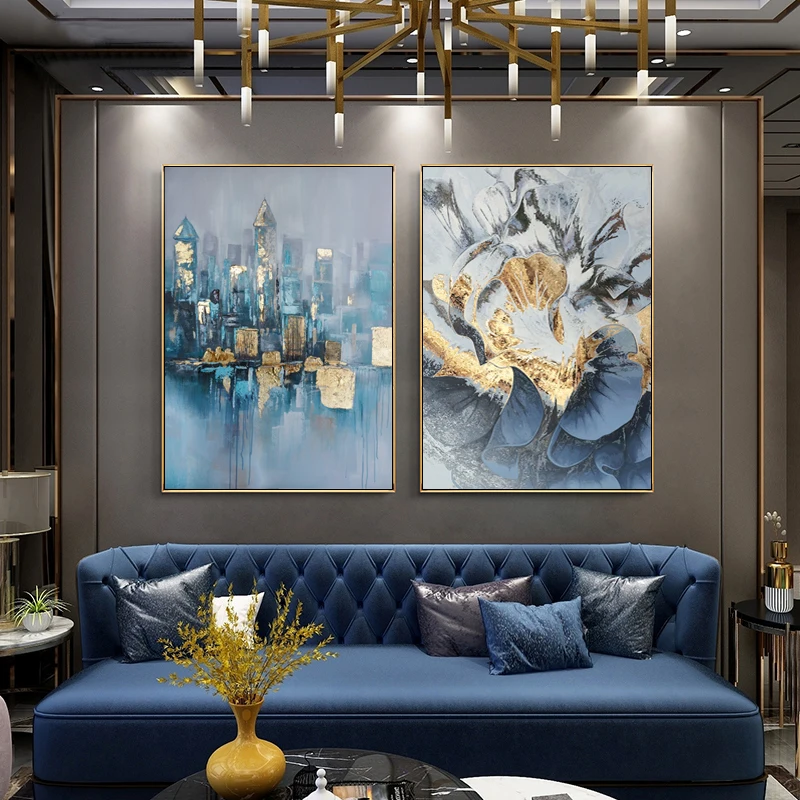 

Canvas Painting Abstract Blue City Landscape Poster Print Living Room Bedroom Office Gold Picture Wall Art Decoration Home Decor