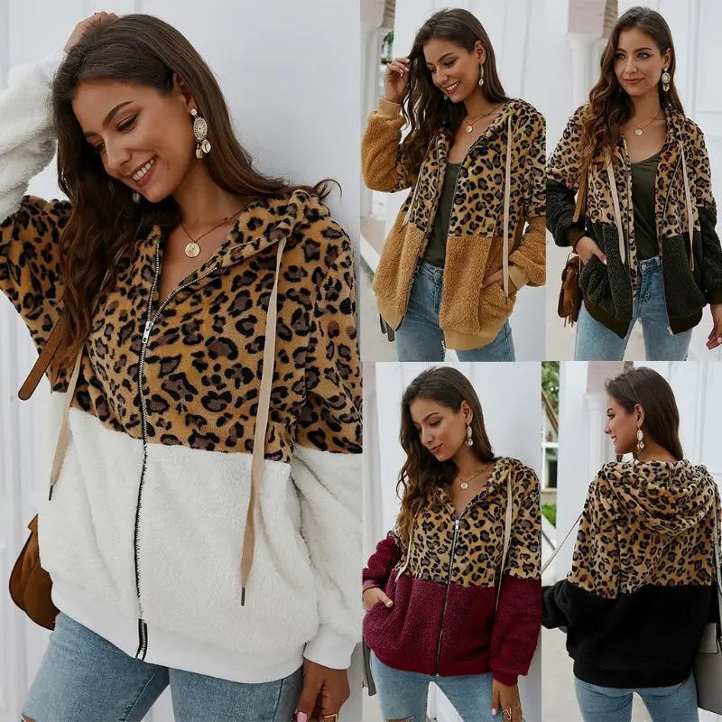 Women Autumn Winter Leopard Fleece Faux Fur Hooded Coat Zipper Jacket Overcoat | Женская одежда