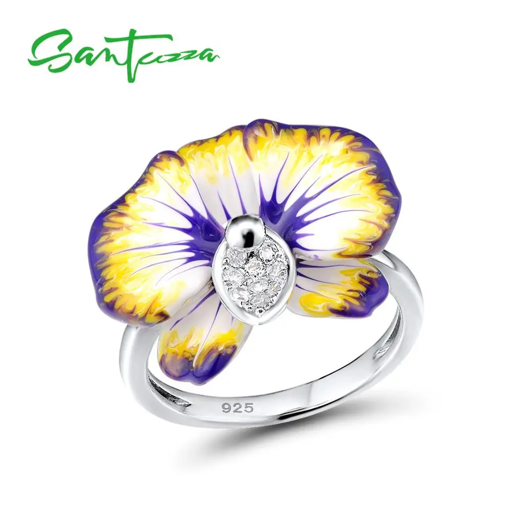 Серебряное кольцо для женщин SANTUZZA, 925 пробы, серебряное, фиолетовое, Цветущий цветок, кольцо с кубическим цирконием, вечерние, шикарные ювелирные изделия ручной работы, эмаль