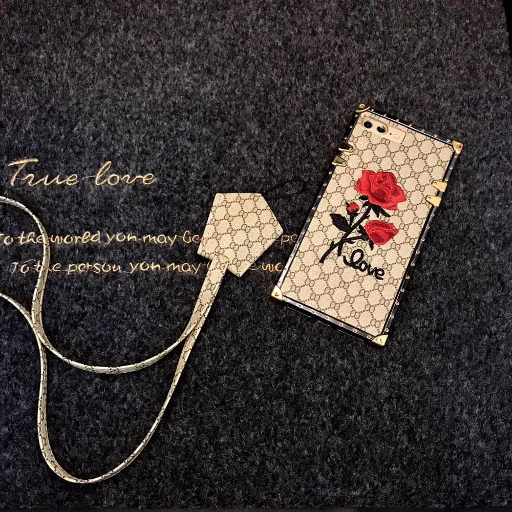 

Mjbang Luxury square bear embroidered mobile phone case for iphone 11 pro max x xr xs maxWith lanyard for iphone 8 7 6 6s plus