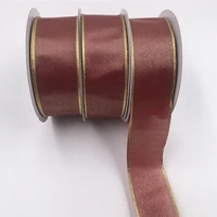 38mm 25yards wired wine organza ribbon with gold lurex edge for birthday christmas gift box wrapping decoration diy 1 12 n1248