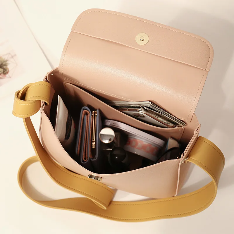 

New Korean Color Contrast Saddle Bag Soft PU Leather Women`s Bag Minimalist Shoulder Bag Lady Cosmetic Dedicated Cross-Body Bag