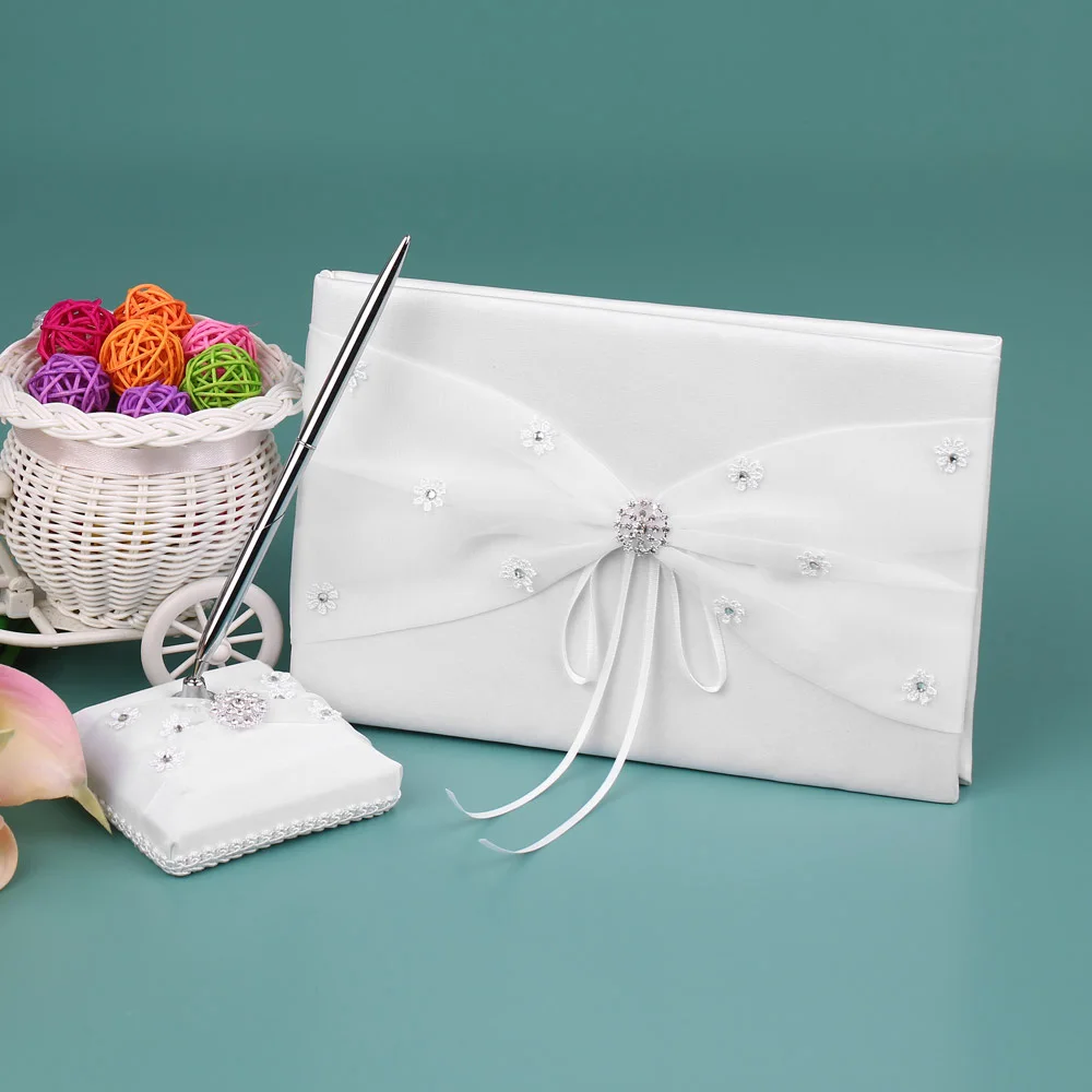 

New Wedding Decoration Supplies 5pcs/set WhiteSatin Flower Girl Basket Ring Bearer Pillow Guest Book Pen Holder Bride Garter Set