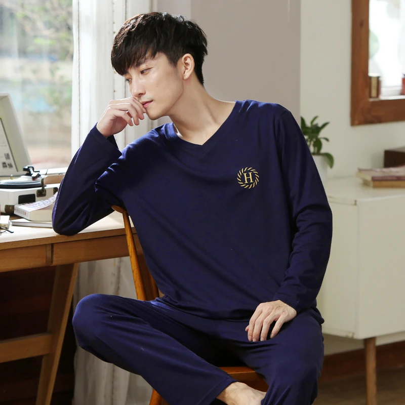 Casual Loose Sleepwear Thin Summer Long Sleeve Bedroom Cotton Comfy Set Plus Size Sleepwear Szata Zestawy Men's Sleep DB60SY