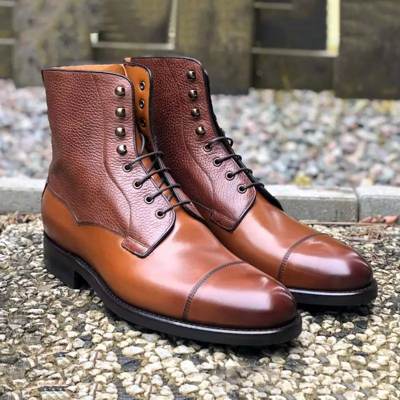 

New Men Fashion Business Casual Dress Shoes Handmade Tan PU Classic Three-section Rough Grain High-top Lace-up Derby Boots KR419
