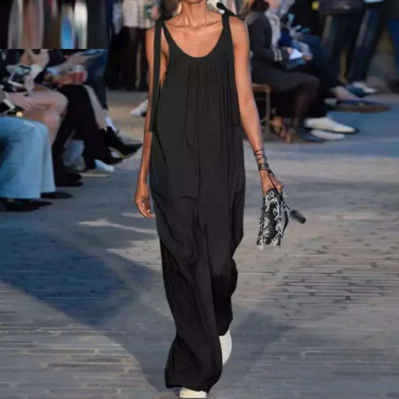 

Elegant Wide Leg Pants Women Romper Casual V Neck Tie-up Bow Strappy Loose Jumpsuit Fashion Vintage Sleeveless Overalls Bodysuit