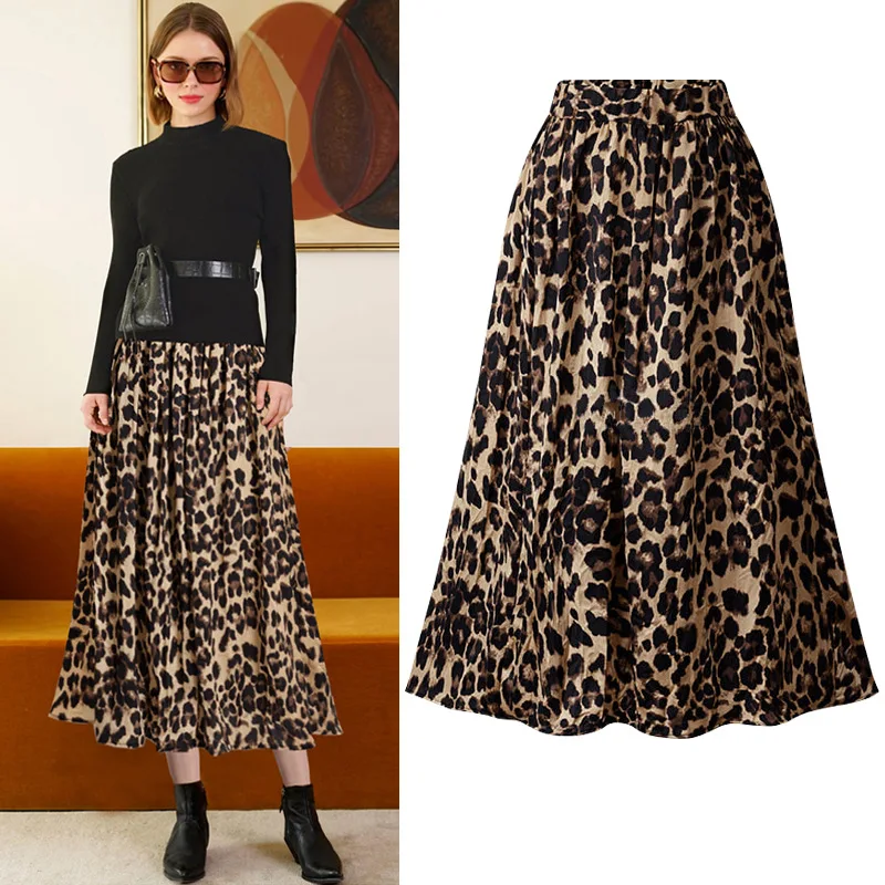 

Women Leopard Print Chiffon Skirts Female Comfortable Pleuche Long Skirt Elegant Fashion Classic Sexy A Line Skirt Autumn 2021
