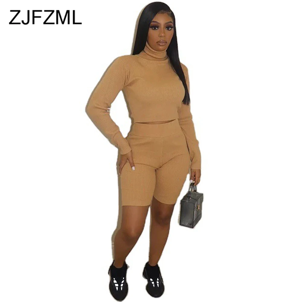 

Elastic Hight Ribbed Sexy Two Piece Set Tracksuit for Women Turtleneck Long Sleeve Crop Top and Biker Shorts Lounge Wear Outfits