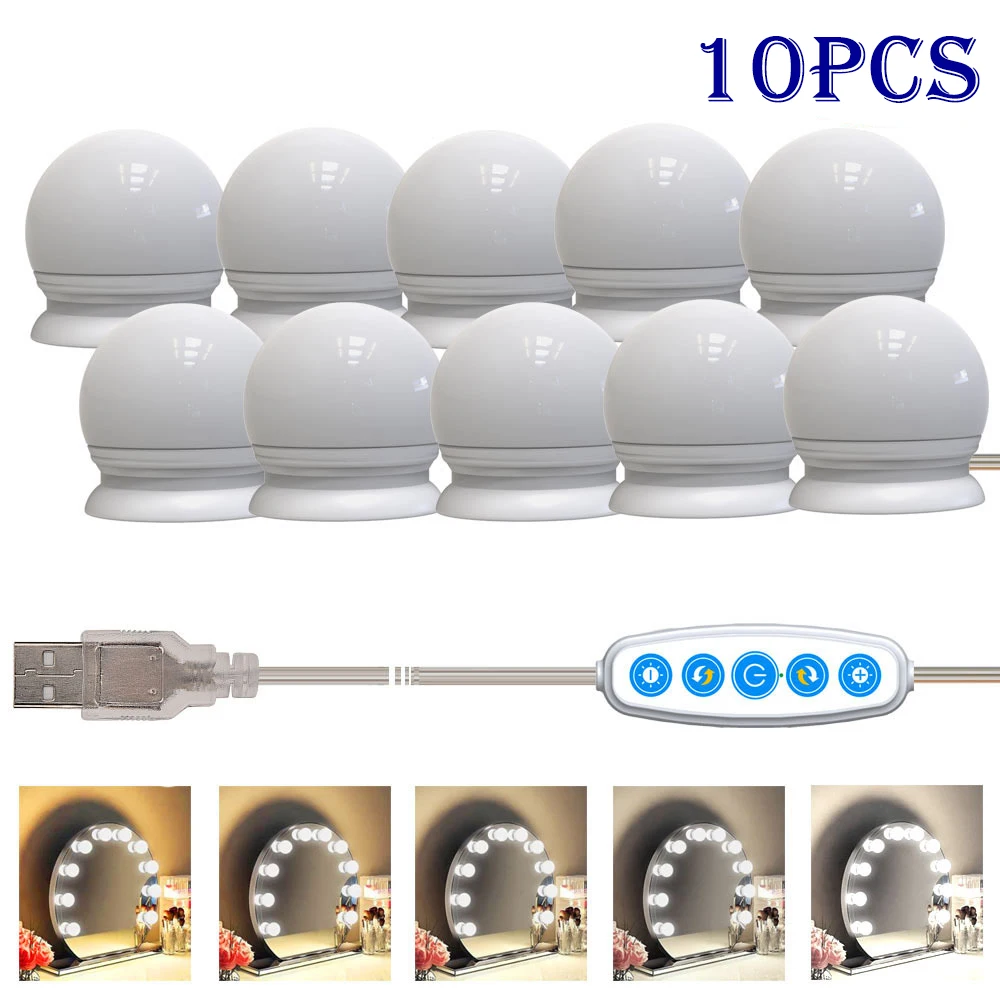 

5 Modes Colors Makeup Mirror Light Led Touch Dimming Vanity Dressing Table Lamp Bulb USB 10W Hollywood Make Up Mirror Wall Lamp