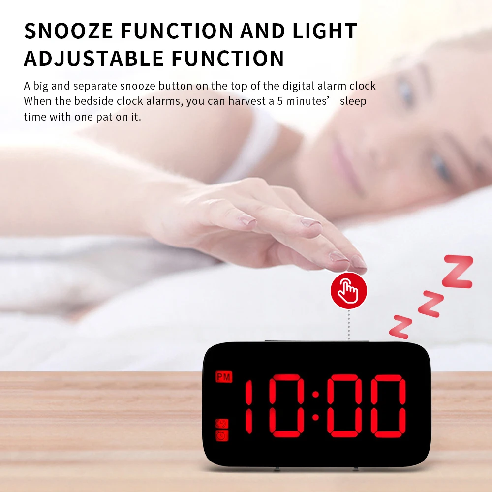 

Voice-activated Alarm Clock LED Digital Display with Separate Snooze Button 12/24 Hour Setting USB Rechargeable for Bedroom