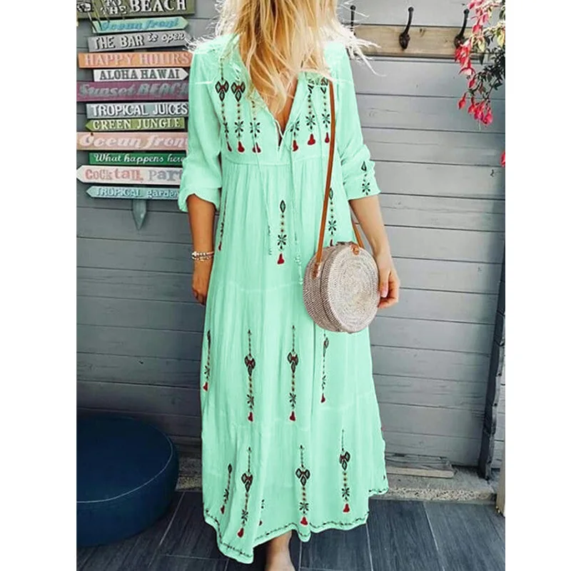 Винтажные длинные макси платья для женщин с длинным рукавом Бохо повседневные