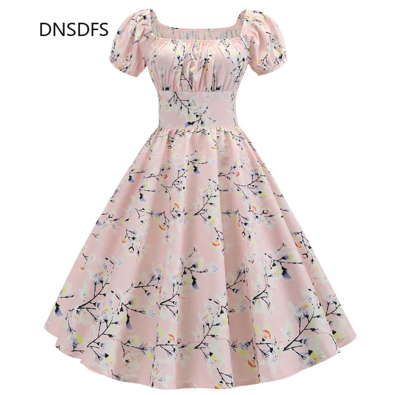 Summer 50S 60S Hepburn Celebrity Midi Dress Vintage Square Neck Floral Print Women White Blue Big Swing Slim Party Dresses | Женская