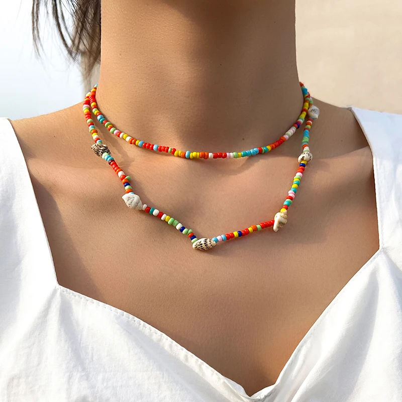 

Aprilwell 2 Pcs Boho Chain Necklaces Set For Women Colorful Bead Shell Pearl łańcuch Collier Aesthetic 2021 Y2k Jewelry Egirl