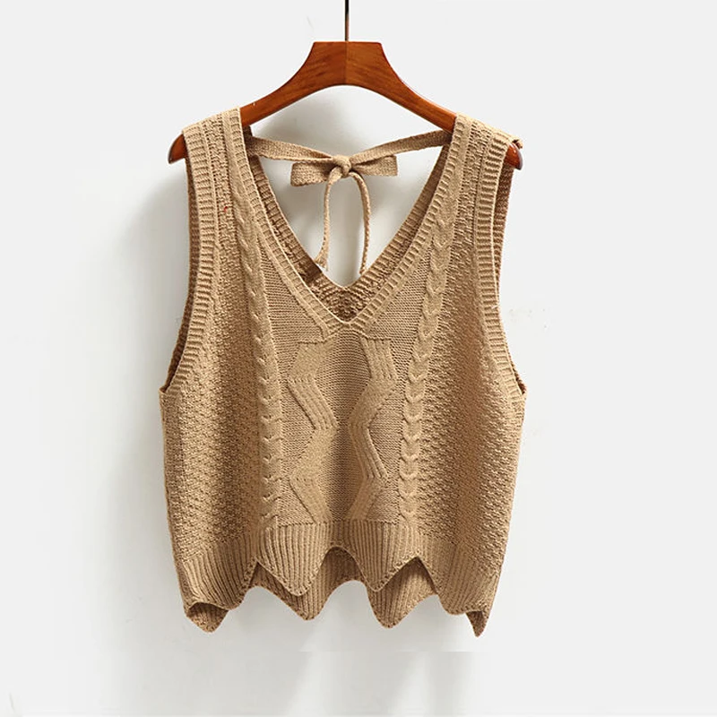 

Осенний женский свитер, жилет, Модный пуловер без рукавов с открытой спиной и бантом на шнуровке, вязаные топы, Корейская свободная короткая верхняя одежда с V-образным вырезом, жилет