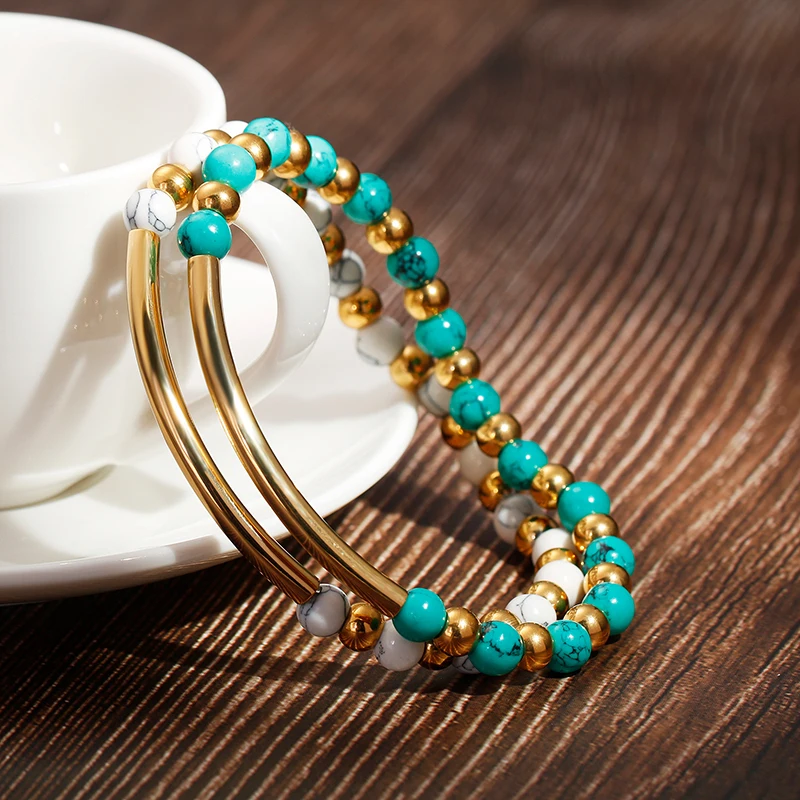 Unique Green Pine Stone Chain Bracelet Stainless steel Elastic String Hand Accessories Link Beeded Wrist Jewelry for Couple | Украшения и