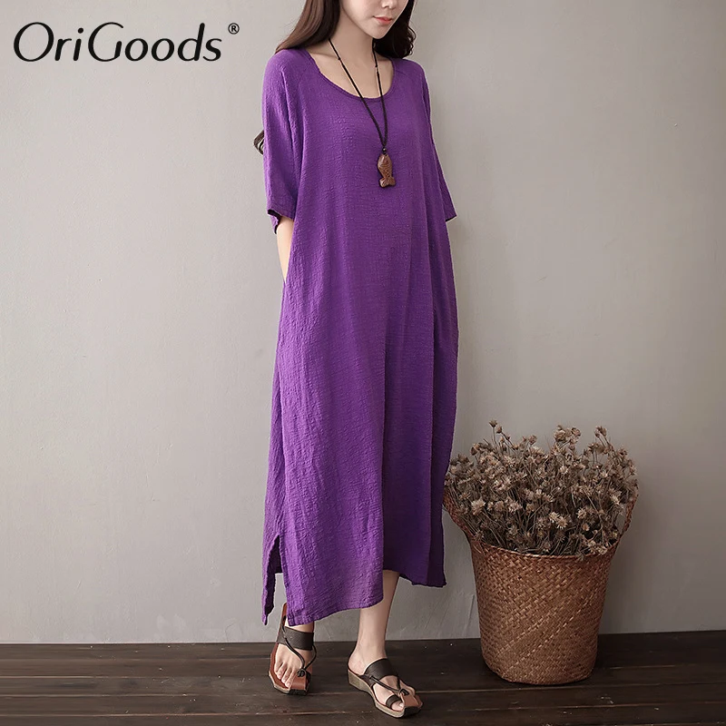 Женское длинное платье с круглым вырезом OriGoods однотонное красное фиолетовое