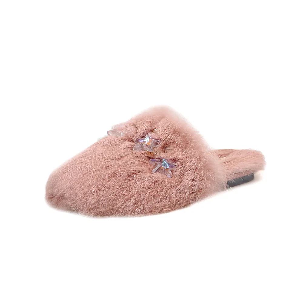 Fahion Real Rabbit Fur Winter Slippers For Women Plush Fur Soft Warm Outdoor  Non-Slip Cartoon Cotton Home Slippers Sale