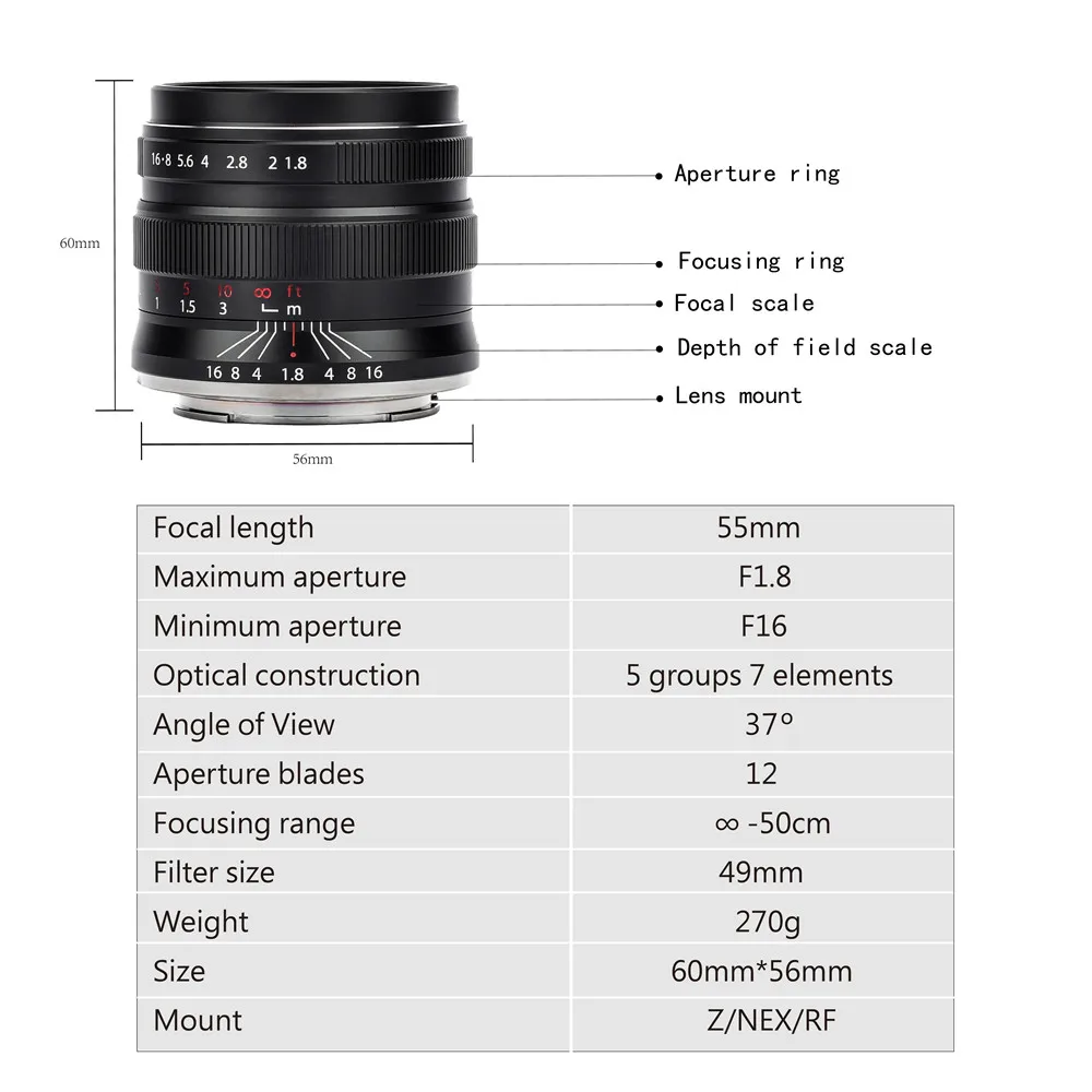 Brightin star 55 мм F1.8 Полнокадровый объектив для камеры с фиксированным ручным фокусом