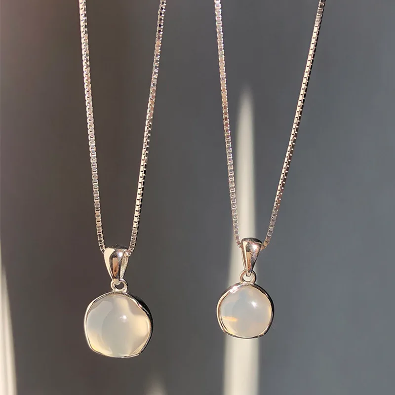 S925 Sterling Silver White Round Pendant Necklaces Luxury Women Fine Jewelry Clavicle Chain Short Necklace | Украшения и