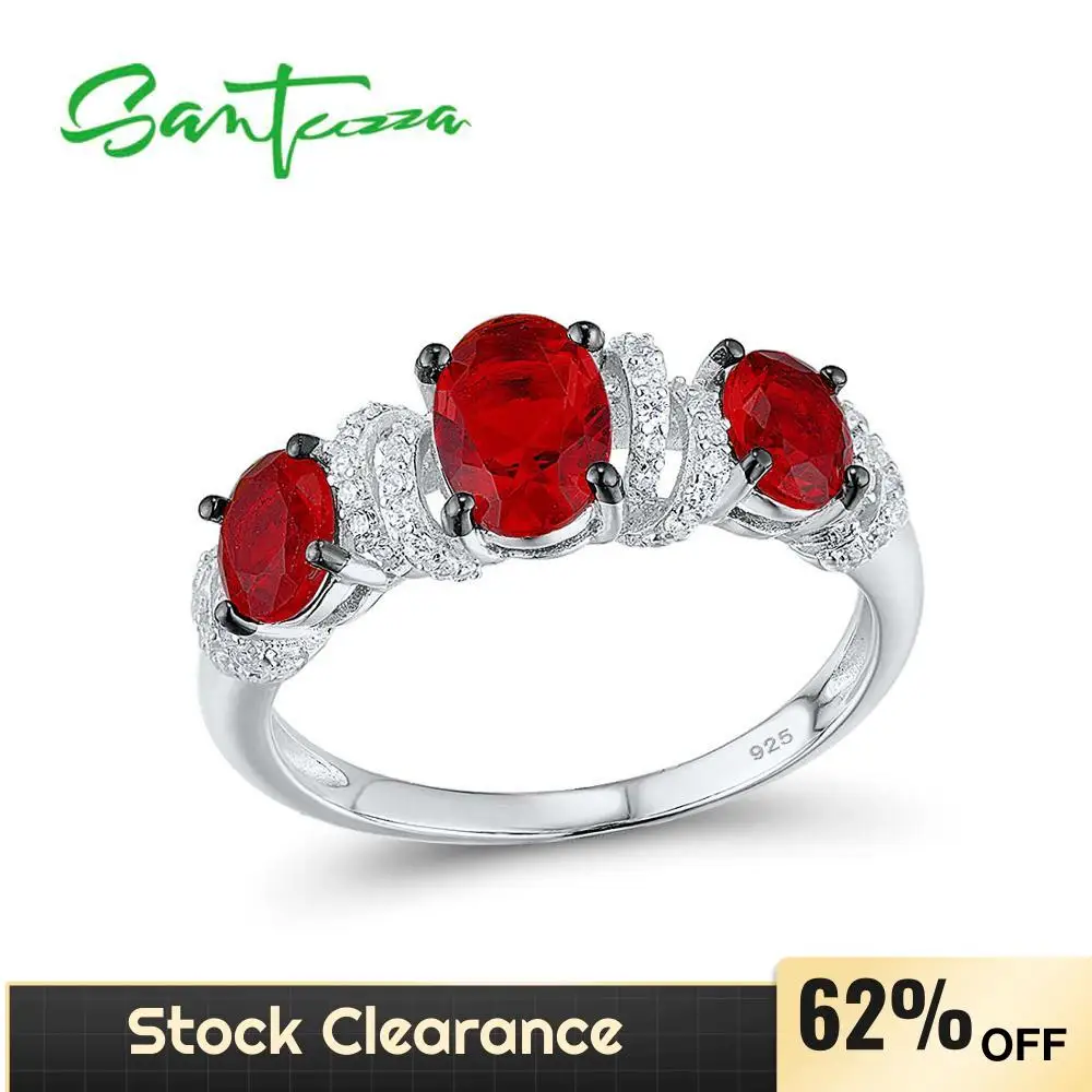 

SANTUZZA Pure 925 Sterling Silver Rings For Women Sparkling Oval Red Glass White Cubic Zirconia Party Trendy Fine Jewelry