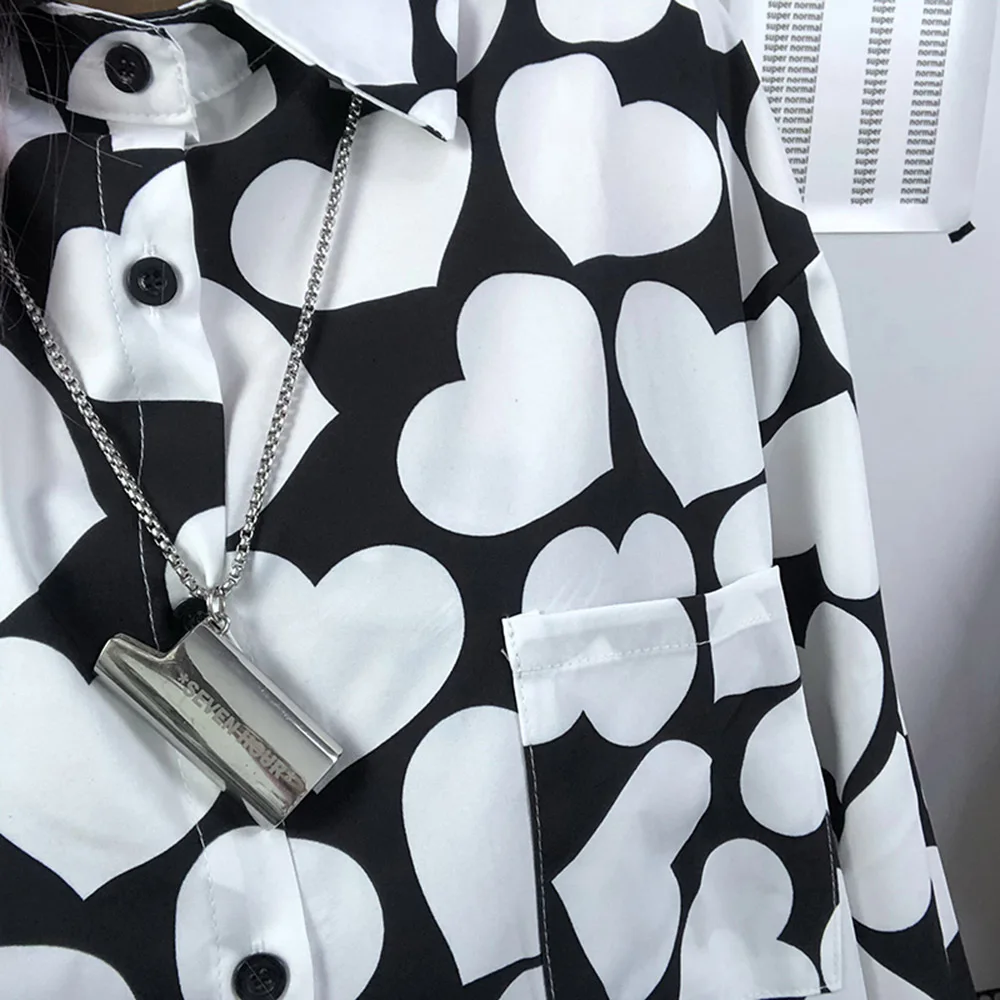 

Goth Harajuku Chic Heart Print Blouses Girl Spring Summer BF Style Casual Loose Long Sleeve Tops Students Korea Japan Streetwear